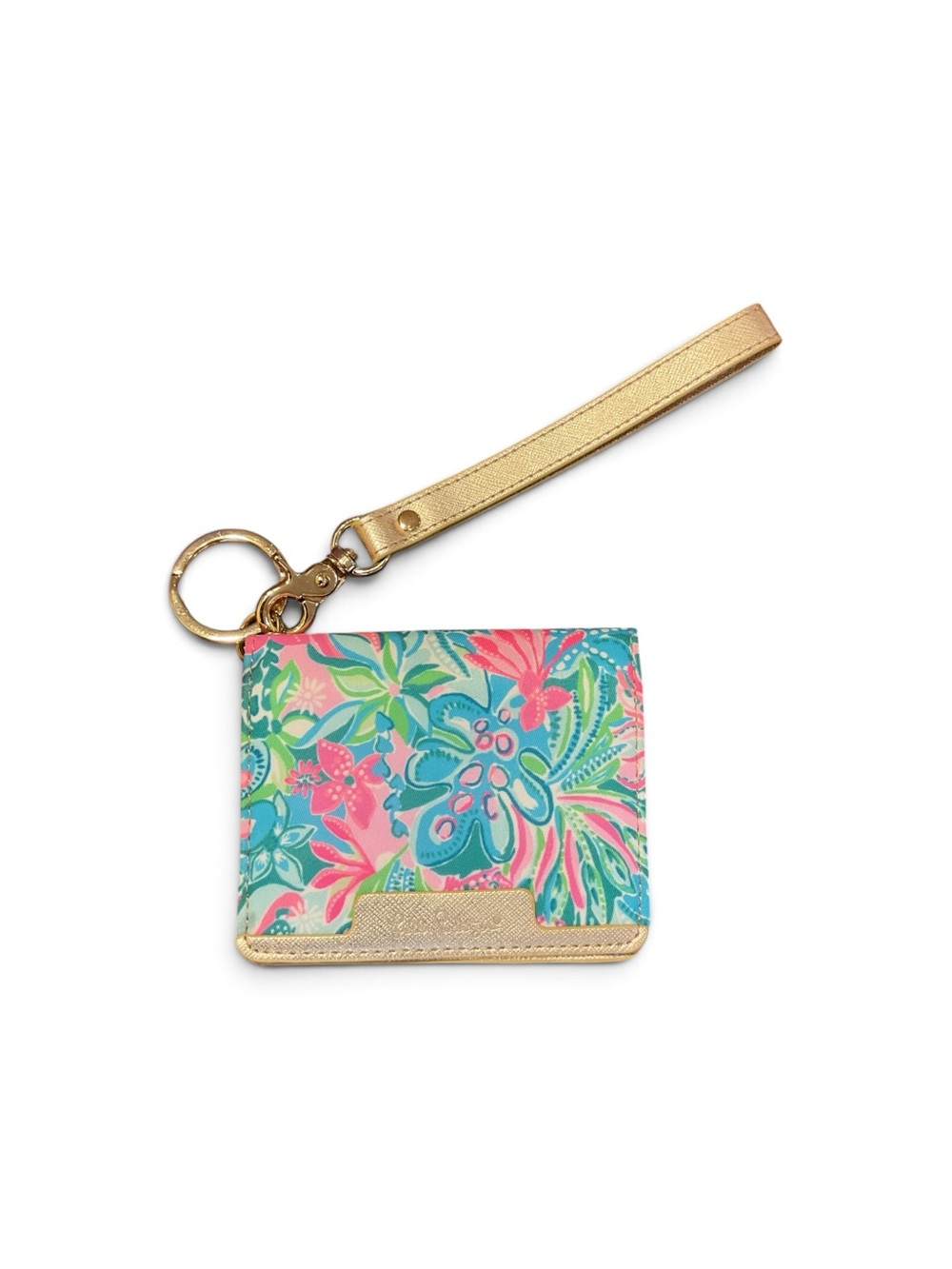 Lilly Pulitzer Gold Wristlet Card Case with Turquoise Pink Floral Print